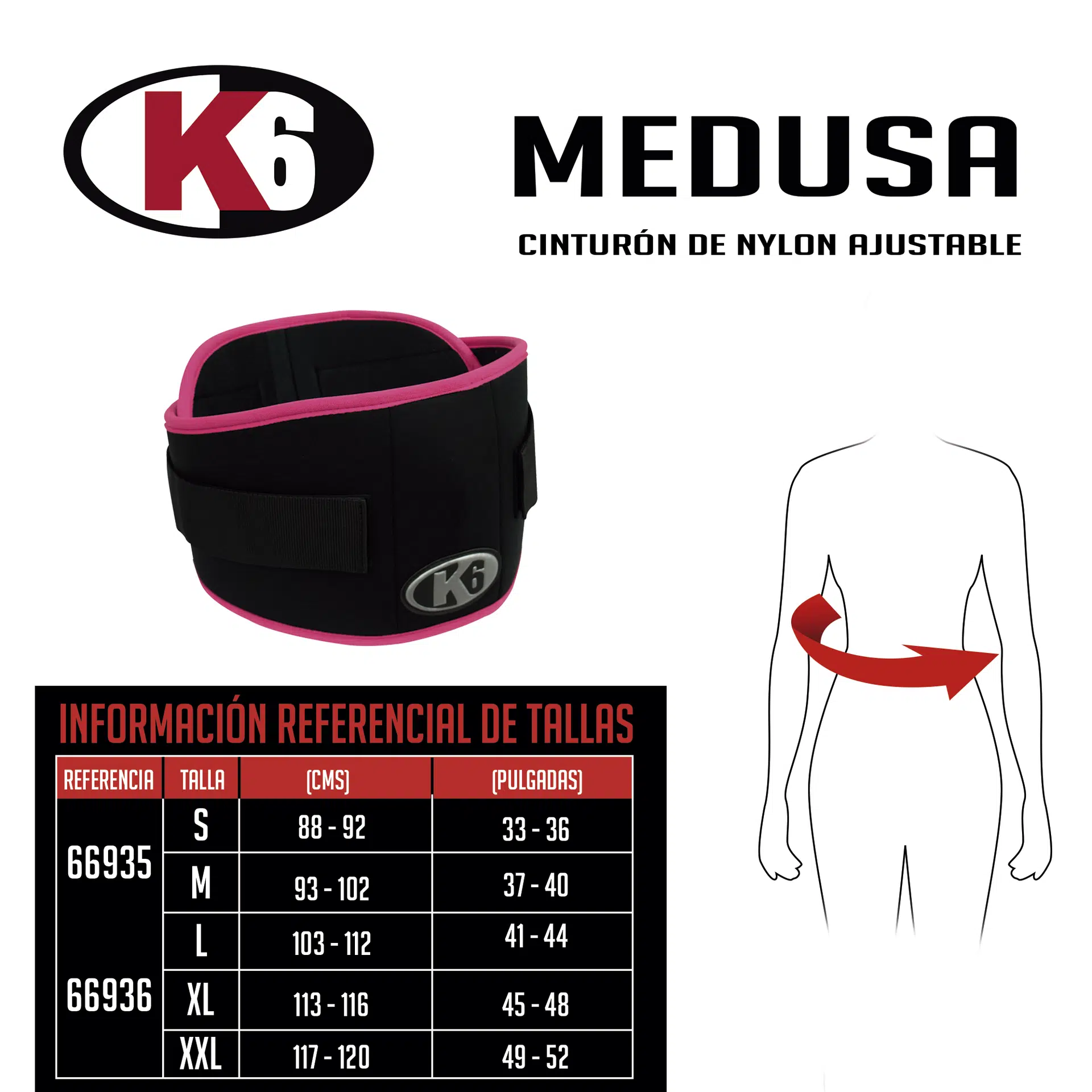 Cinturón para Levantar Pesas K6 Medusa Ajustable para Damas